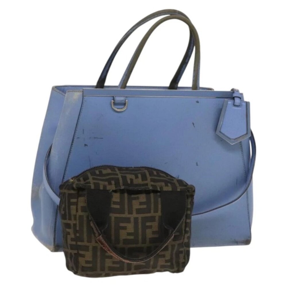 FENDI Zucca Canvas Hand Bag Leather 2 Set Light Blue Black Brown Auth 132508